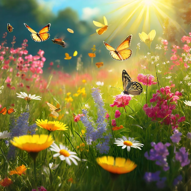 Zdjęcie Łąka pełna dzikich kwiatów, gdzie motyle