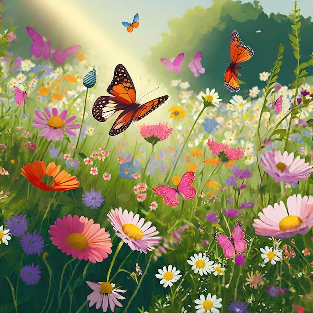 Zdjęcie Łąka pełna dzikich kwiatów, gdzie motyle