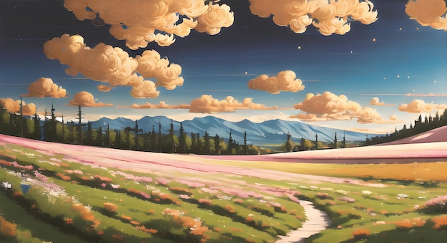 łąka pole z polnymi kwiatami błękitne niebo i światło słoneczne latem przyroda krajobraz tapeta AI wygenerowane dla książek dla dzieci historie bajki