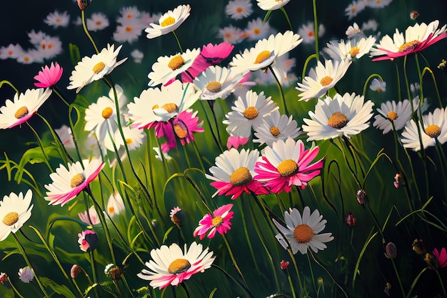 Łąka z dużą ilością białych i różowych wiosennych kwiatów daisy w słoneczny dzień Generative Ai