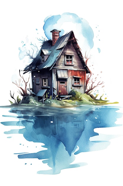 Lake House akwarela clipart ładny na białym tle z Generative AI