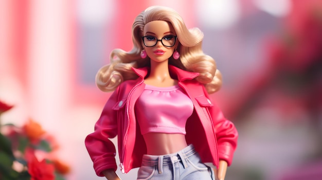 Lalka Barbie ładny blond dziewczyna strój różowy tapeta tło projekt