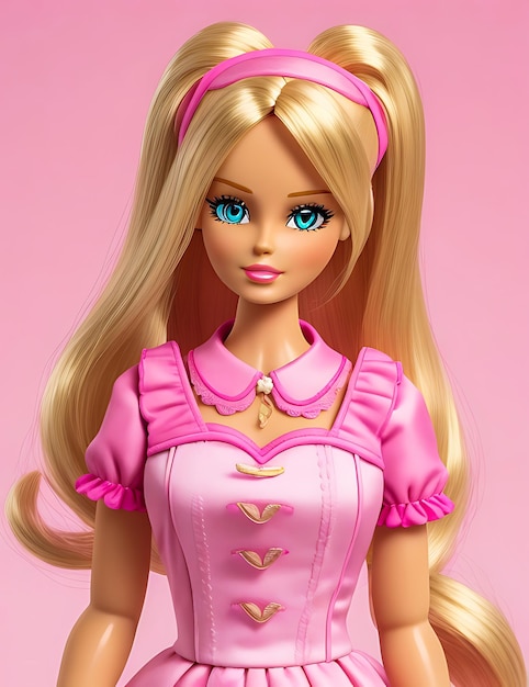 Lalka Barbie na ślicznej blond dziewczynce w stroju na różowym tle generatywnej sztucznej inteligencji