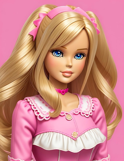 Lalka Barbie na ślicznej blond dziewczynce w stroju różowego tła generatywnego AI