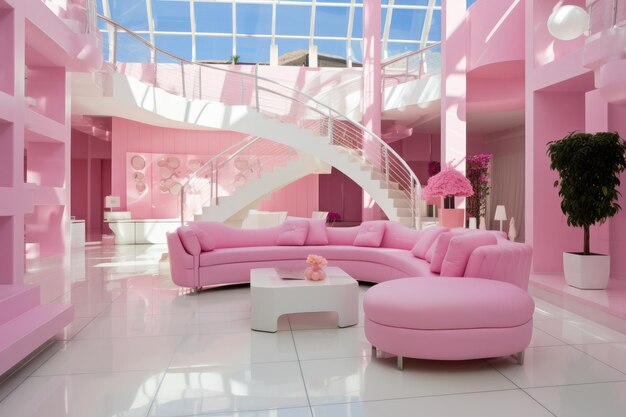 Lalka Barbie różowe wnętrze nowoczesny dom każde meble są różowe Generative Ai