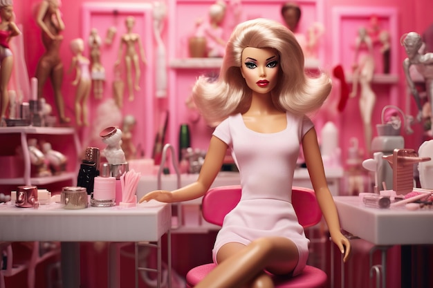 lalka Barbie siedzi na różowym krześle w salonie.