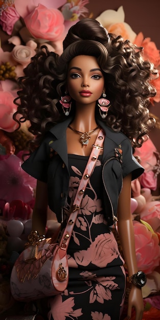 Lalka Barbie śliczny strój z czarnej skóry różowa tapeta