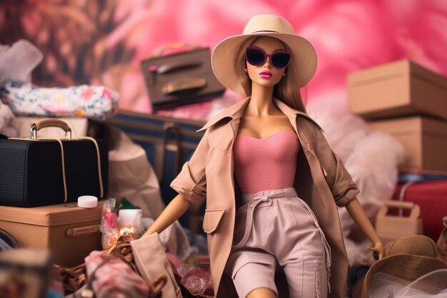 Zdjęcie lalka barbie trzymająca wiele przedmiotów odzieży