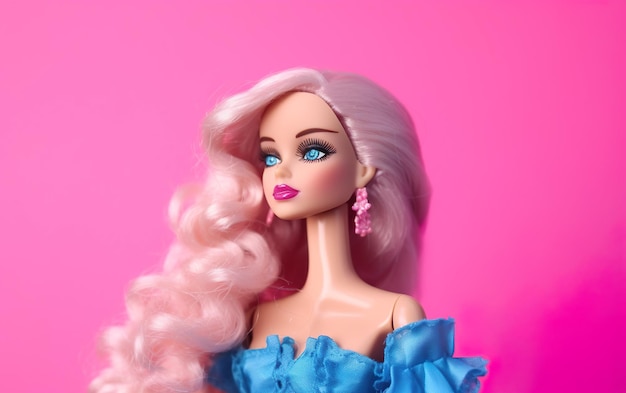 Zdjęcie lalka barbie w niebieskich ubraniach na różowym tle ai generatywna ai