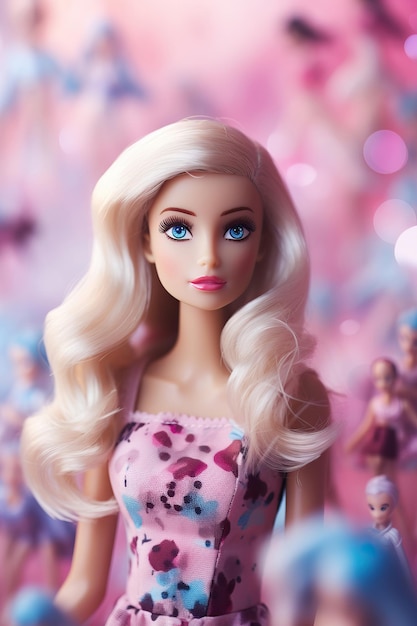 lalka Barbie w różowej sukience i niebieskim oku.