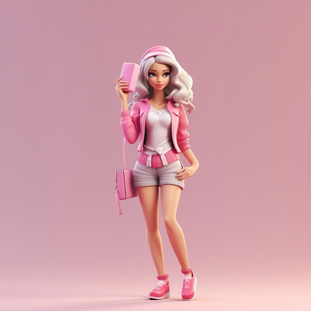 Lalka Barbie w różowej sukience, postać 3D na białym tle