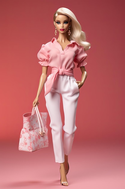 Lalka Barbie w różowej sukience z torbami na zakupy