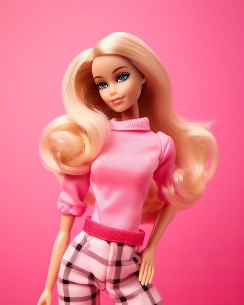 Lalka Barbie z blond włosami na różowym tle