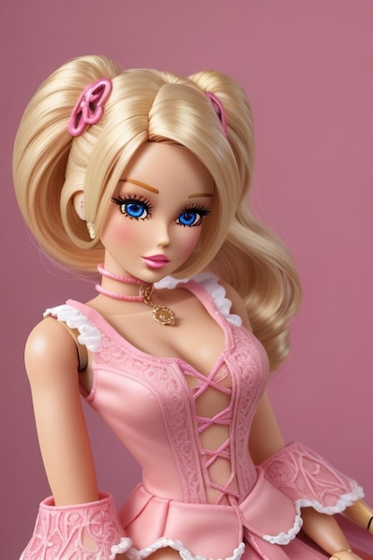 Lalka Barbie z różową sukienką i kokardą na szyi