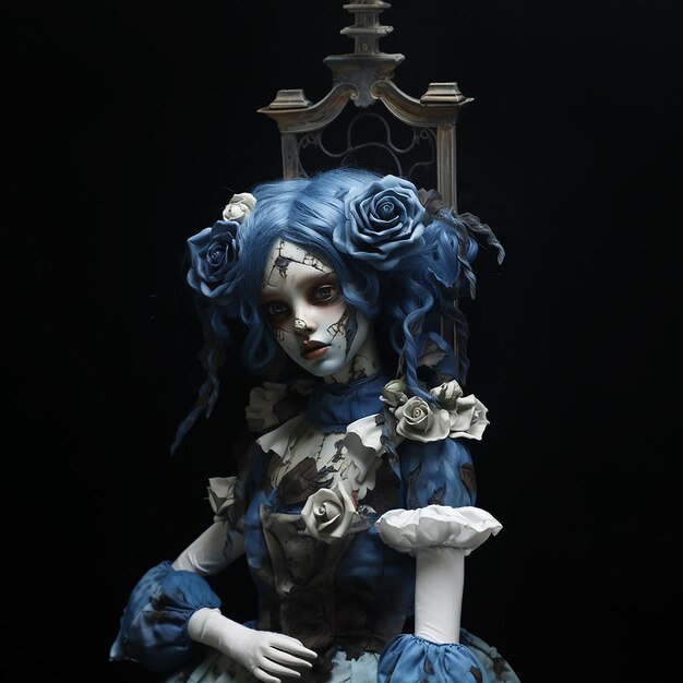 Zdjęcie lalka dziewczynka w kolorze horroru z niebieską różą