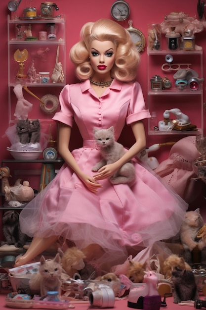 lalka siedzi w różowej sukience z lalką na tle.