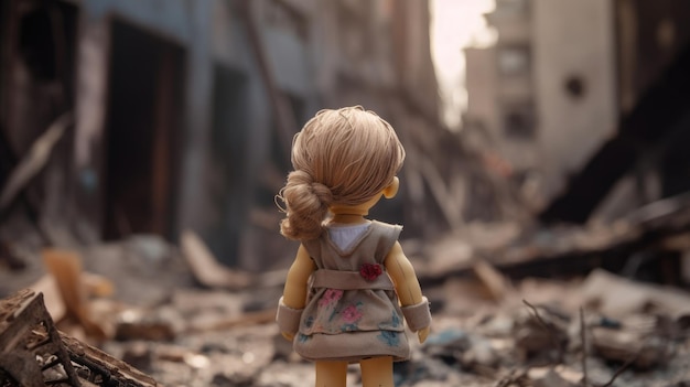 Lalka stoi w zniszczonym budynku.