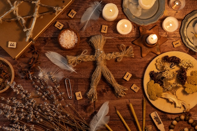 Zdjęcie lalka voodoo i ezoteryczne przedmioty powyżej widoku