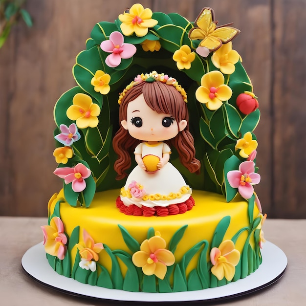 Lalka w kształcie tortu w sukience księżniczki trzymająca owoce Generacyjna sztuczna inteligencja