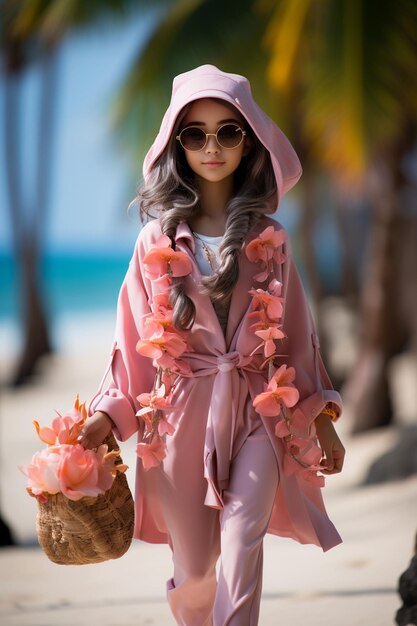 lalka w okularach w różowej bluzie z kapturem na plaży