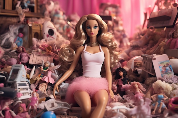 lalka w różowej spódnicy siedzi w stosie zabawek.