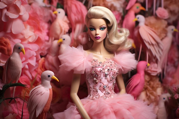 lalka w różowej sukience i ptaku pośrodku.