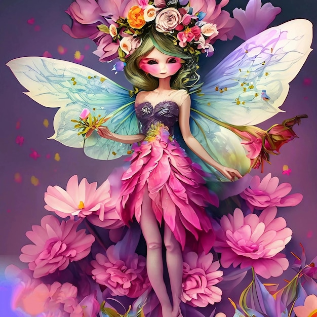 Lalka z koroną kwiatową i motylem na głowie