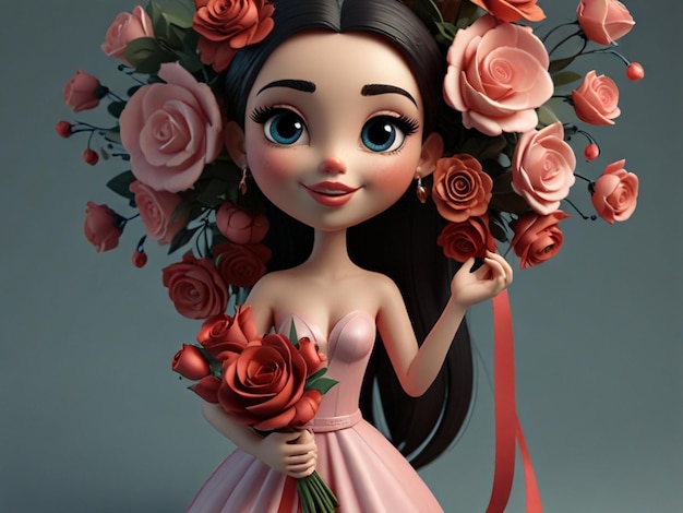 lalka z kwiatem w włosach i czerwoną wstążką wokół szyi