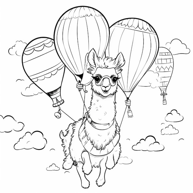 Zdjęcie lama latająca z balonami na gorące powietrze na niebie generatywny ai
