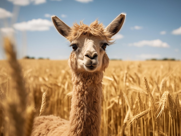 Lama wyłaniająca się z pola pszenicy