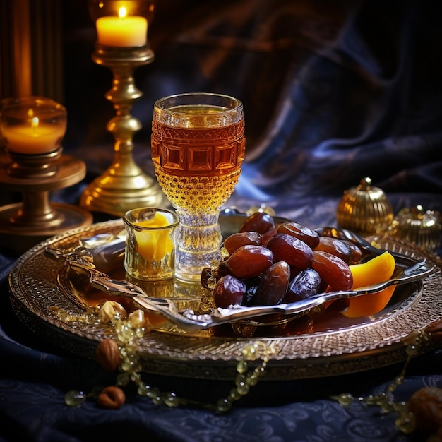Łamanie postu z suszonymi datelami podczas Ramadanu Kareem posiłek Iftar z datelami i arabską herbatą w tradycyjnym szklanym kącie widok na wiejskim niebieskim tle muzułmańskie święto