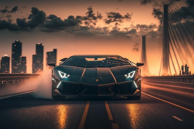 Lamborghini jedzie po moście z miastem w tle.