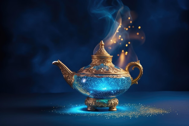 Lampa Aladdina na niebieskim tle z magią