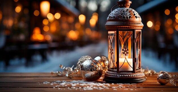 Zdjęcie lampa bożonarodzeniowa z płonącą świecą stojąca na świeżym śniegu niewyraźny bokeh tła obraz generowany przez ai