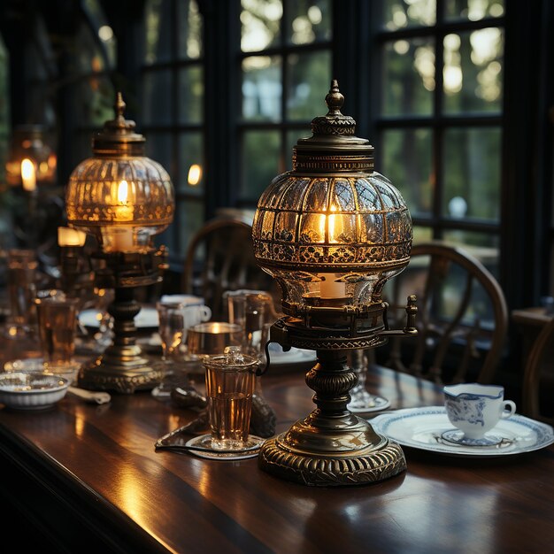 Lampa close-up z płonącą świecą stojąca na szklanym stole otoczona krzesłami stojącymi przeciwko