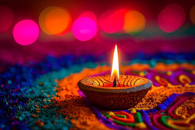 Lampa Diwali Diya umieszczona w środku tętniącej życiem konstrukcji Rangoli ustawiona na magenta bokeh bac