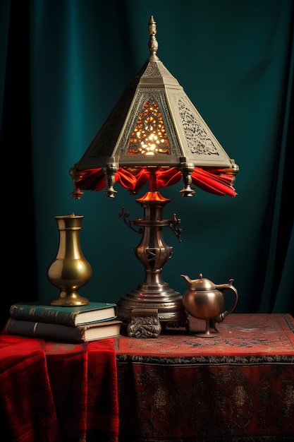 Zdjęcie lampa na stole w stylu hurufiyya silne użycie koloru jasnoczerwony i niebieski
