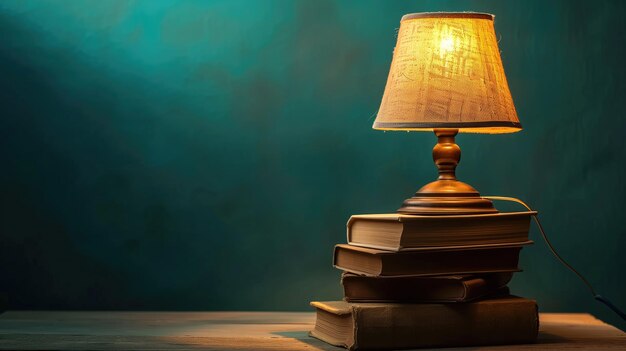 Lampa na stosie książek na błękitnym tle