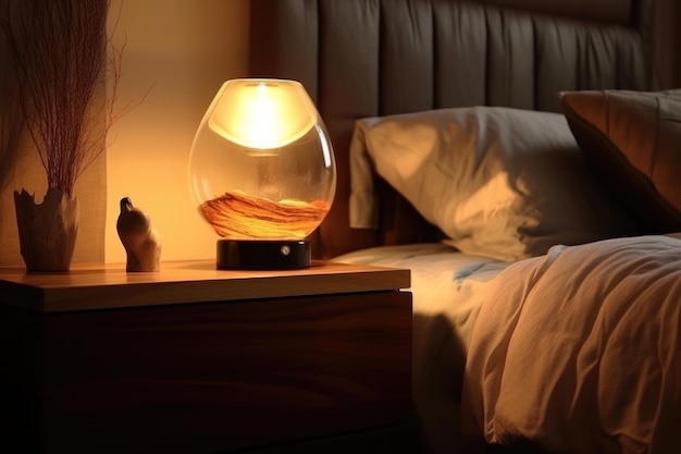 Lampa przy łóżku o nowoczesnym projekcie na drewnianym stole stworzonej za pomocą generatywnego ai