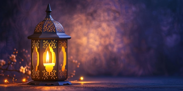 Zdjęcie lampa ramadanu w stylu arabskim z świecami na fioletowym tle z kwiatami i przestrzenią do kopiowania