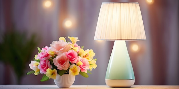 Zdjęcie lampa retro na drewnianym stole z tłem pastelowych kwiatów idealna do wnętrza salonu
