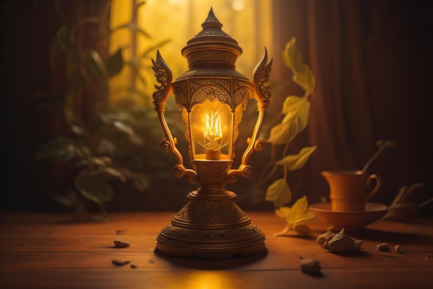 Lampa vintage na drewnianym stole w ciemnym pokoju Ramadan Kareem tło generatywne ai