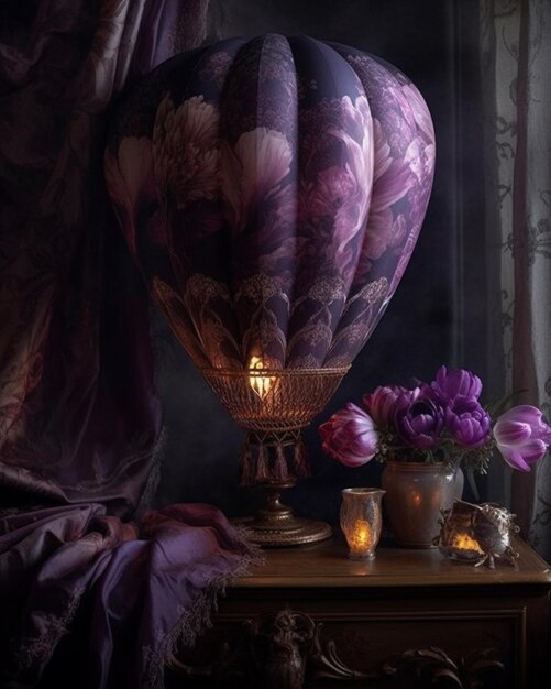 Lampa z fioletowymi kwiatami i świeca w nim