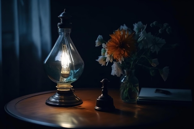 Zdjęcie lampa z kwiatkiem w tle