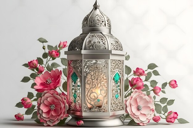 Lampa z kwiecistym tłem i napisem ramadan.