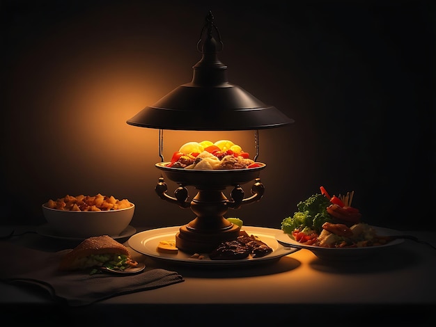 Zdjęcie lampa z talerzem ramadanu iftar jedzenie na nim ciemne światło rozmycie ai generowane