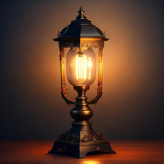 Lampa z włączonym światłem na stole
