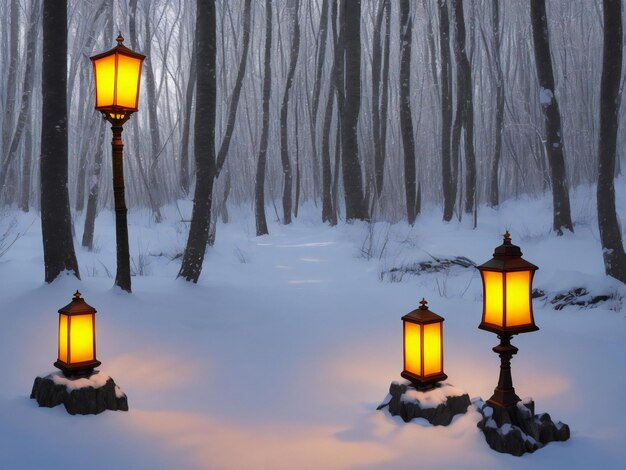 Lampa ze świecami w zimowym lesie ai generowany