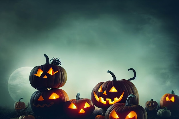 Lampiony dyniowe przeciw mgle i księżycowi przerażające wycięte twarze i świece Święto Halloween