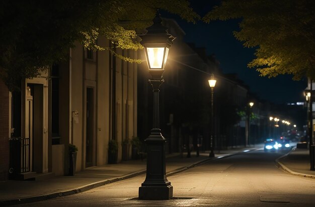 Zdjęcie lampka uliczna na ulicy z włączonymi światłami